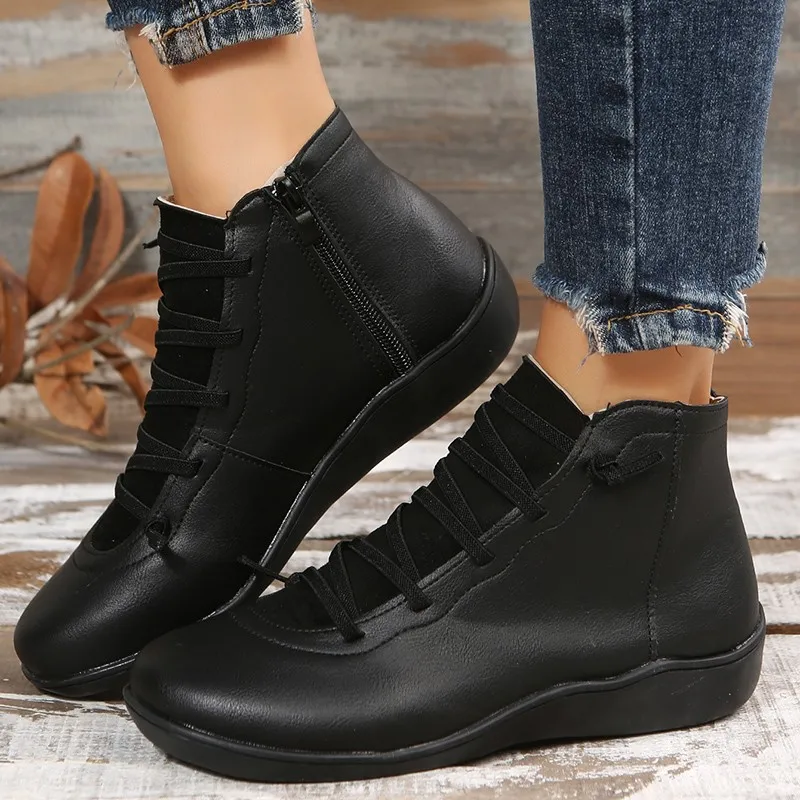 Women Boots Spring Autumn Retro Short Booties Ladies Soft Pu Leather Ankle Bootins Elastic Lace Up Casual Flat Shoes