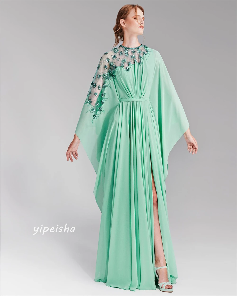 Chiffon Beading Draped Pleat Ruffles Christmas A-line O-Neck Bespoke Occasion Gown Long Dresses