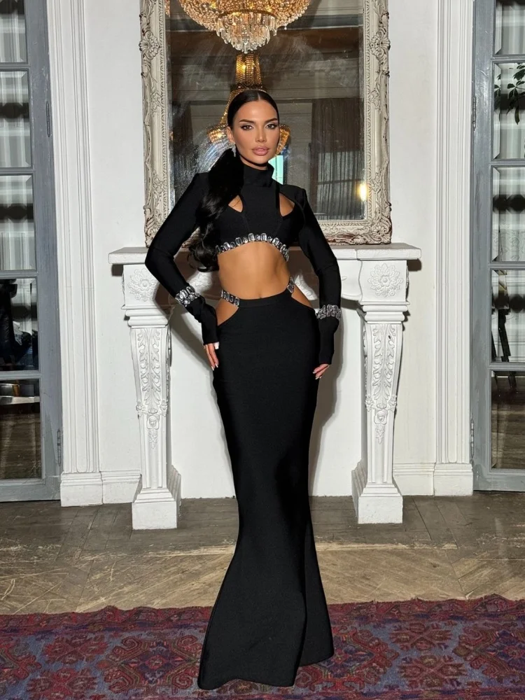 

Brand New Women Sexy Long Sleeve Fishtail Black Bandage Maxi Skirt Suit Knitted Elegant Crystal Club Party Two Pieces Set