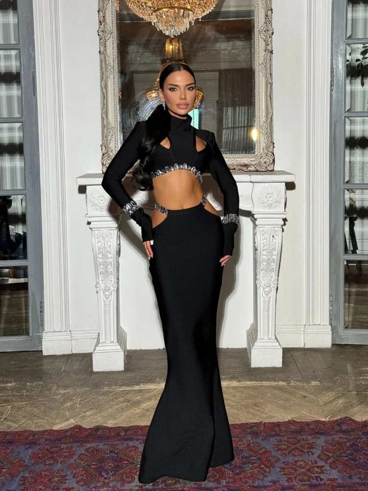 Brand New Women Sexy Long Sleeve Fishtail Black Bandage Maxi Skirt Suit Knitted Elegant Crystal Club Party Two Pieces Set