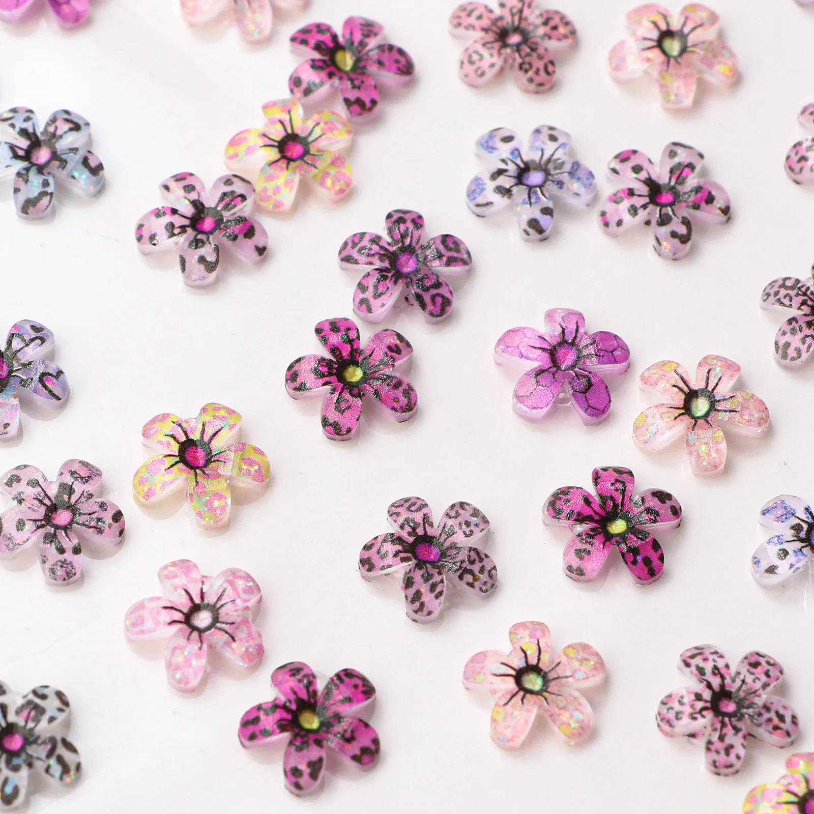 50pc 3d acrílico leopardo impressão cinco pétalas flor arte do prego encantos acessórios para outono unhas decoração design manicure suprimentos