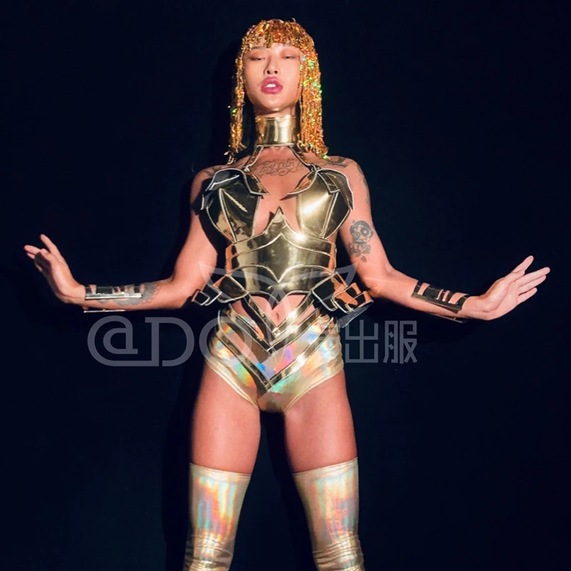 Drag Queen Outfits Women Stage Costume Golden Armor Futuristic Performance Suit Nightclub Gogo Dance Wear Party Rave Outfit 4260