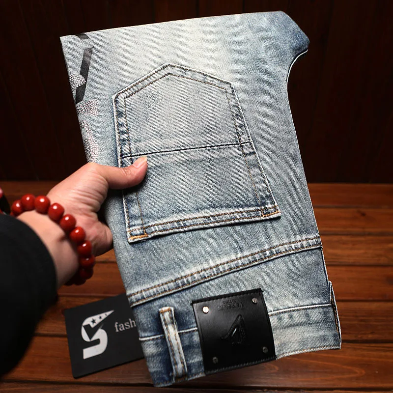Street ripped patch jeans men's print slim fit small feet summer blue trendy fashion high-end denim pants