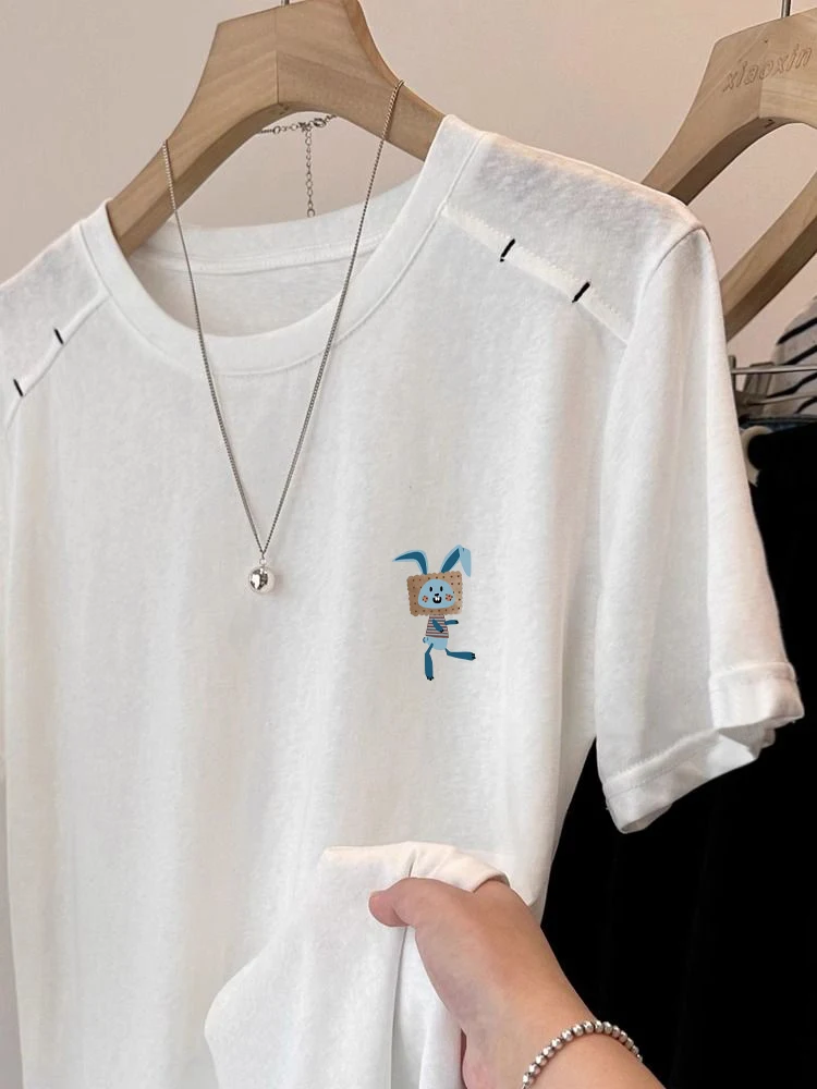 Koreaanse Sle Casual Witte Print Splice ronde Ne ort Sve T-shirt Mannen Vrouwen Zomer Lichtgewicht Veelzijdige Loose Fit Top