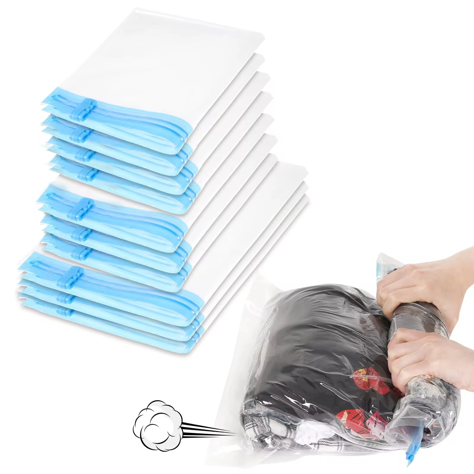 10 Pack Compression Bags Travel Essentials Space Saver Bags Hand Roll-Up Airtight Vacuum Storage Bags Clothes Organizers