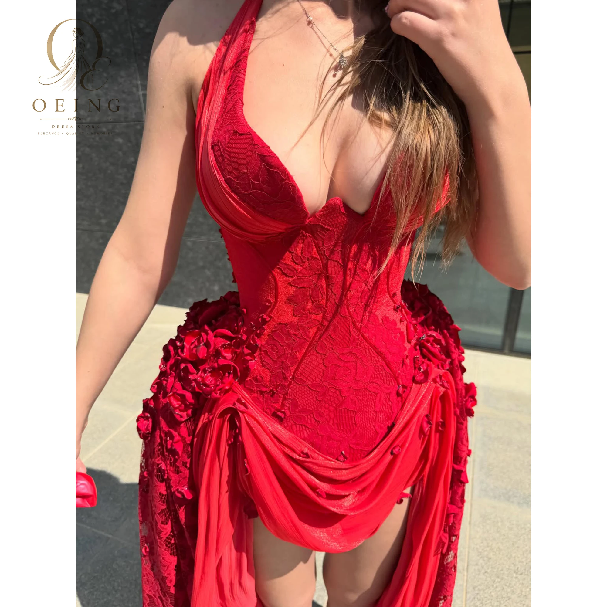 Red Halter Prom Dress Lace Corset Evening Dress with 3D Rose Applique Mini Party Gown Romantic Cocktail Dress Customized view 3