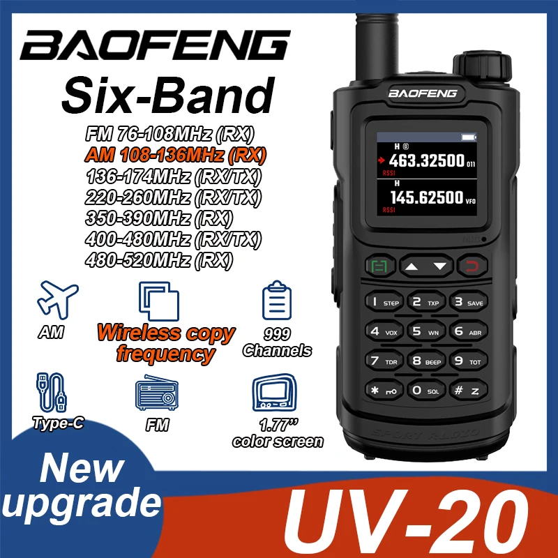 Baofeng UV-20 Air Band Walkie Talkie Multi-Band AM FM Type-C Charger Wirless Copy Frequency 999CH Long Range Two Way Ham Radios