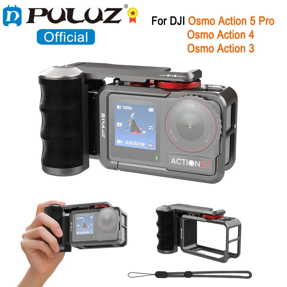 

PULUZ Металлическая клетка для камеры DJI Osmo Action 5 Pro / Action 4 / Action 3, адаптер расширения экшн-камеры с ручкой