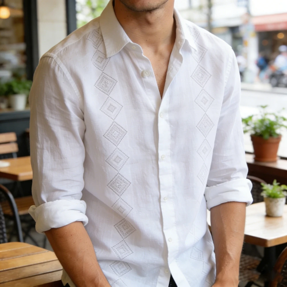 Chemise décontractée à manches longues pour hommes, en lin, motif géométrique foncé, rétro, vacances, Simple, Business, livraison rapide, 2026