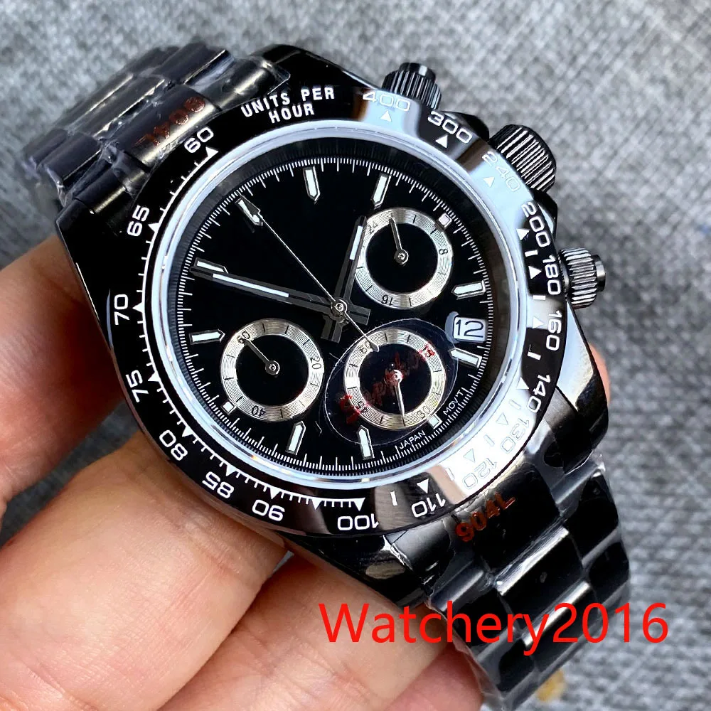 

39mm White Black Sterile dial Vk63 Movement Black PVD Case Multi-Function Full Chronograph Quartz Mens Watch Steel Bracelet