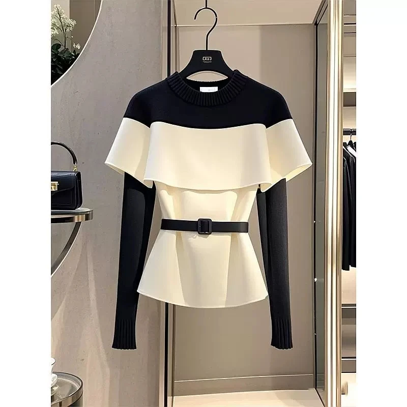 Black and White Stitching Knitted Top Elegant Sense Cape Shawl Pullover Winter New Long-sleeved Casual Chic Sweater Y2K 2025