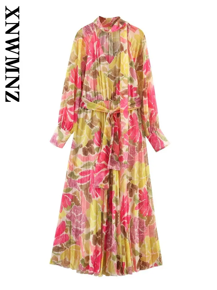 XNWMNZ 2026 Primavera Nuevo Vestido de Moda para Mujer, Manga Larga, Cuello en V, Estilo Vintage Sencillo, Falda Casual de Verano con Lazo