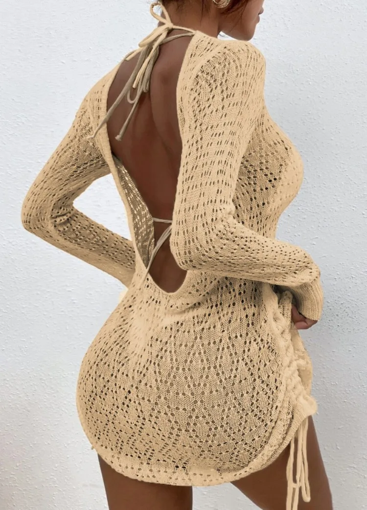 Sexy, durchsichtiges Kleid mit Rundhalsausschnitt, Rückenausschnitt und Kordelzug, langärmlig, einfarbig, Smock-Stil, vielseitig kombinierbar, Urlaubsstil, Hüftrock