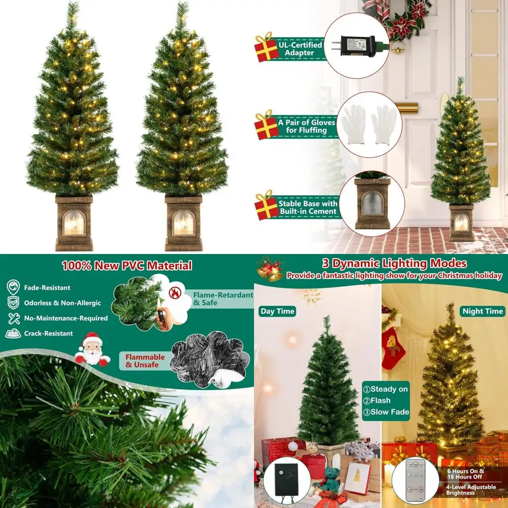 

Double Set of 4ft Tall Pre-Lit Artificial Christmas Trees with 100 LEDs, 3 Lighting Modes, and Timer for Festive Entrances
