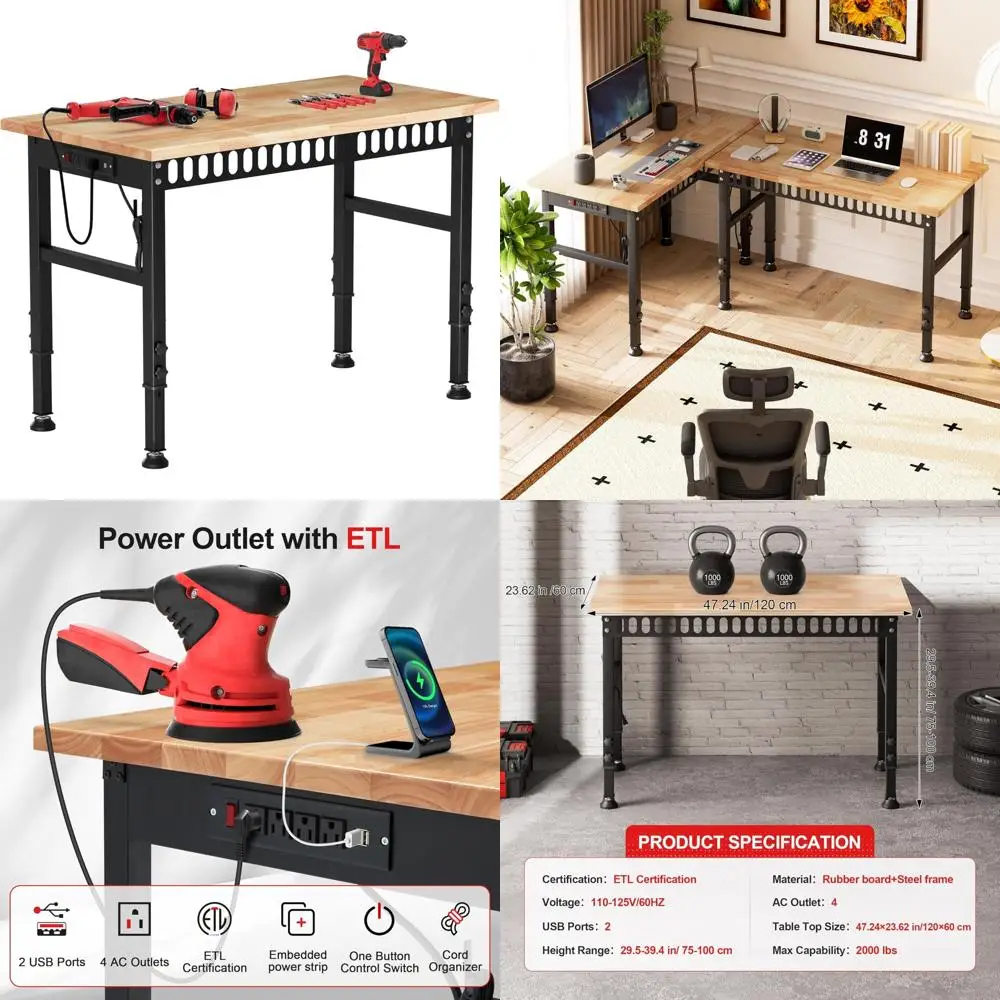 منضدة عمل قابلة للتعديل بسعة 2000 رطل للخدمة الشاقة مع منافذ طاقة، سطح خشبي مطاطي لاستخدام المرآب ورشة العمل