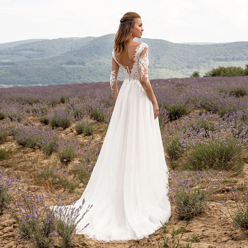 Vestidos De Novia De línea A con cuello en V para mujer, Vestidos De Novia con apliques De encaje, manga De tres cuartos, bonitos, Sexy, nuevo