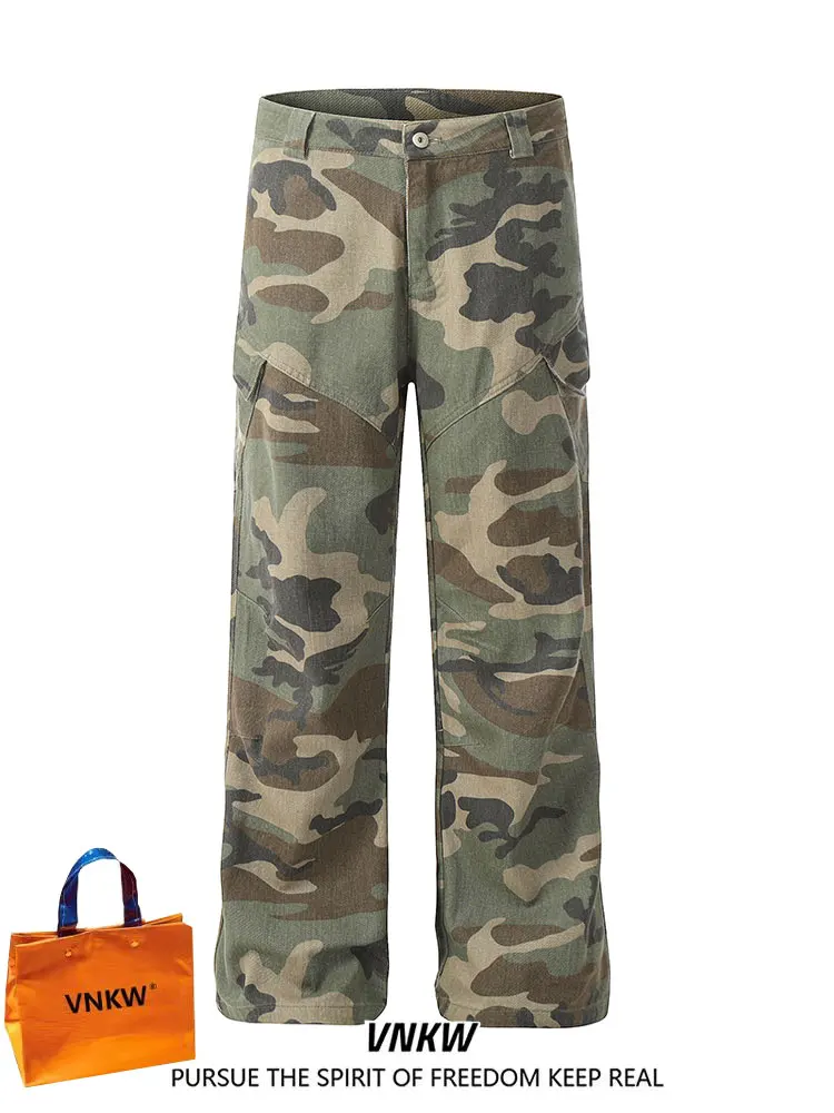 

American Retro Camouflage Work Pants Loose Fit Men's High Street Design Casual Trousers Straight Leg mid Waist Cotton 00%