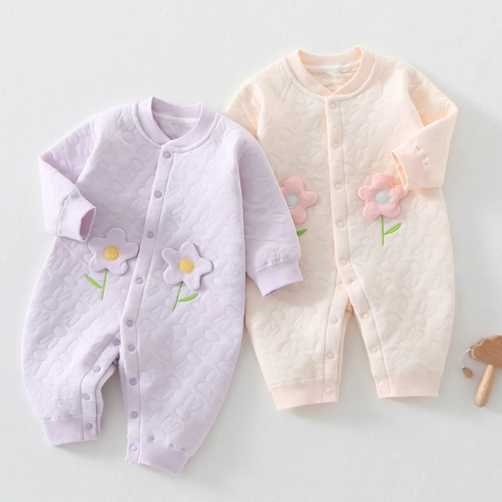 Baby Girls Clothes Quilted Warm Autumn Winter Newborn Baby Romper Long Sleeve Solid Color Flower Cute Infant Jumpsuits