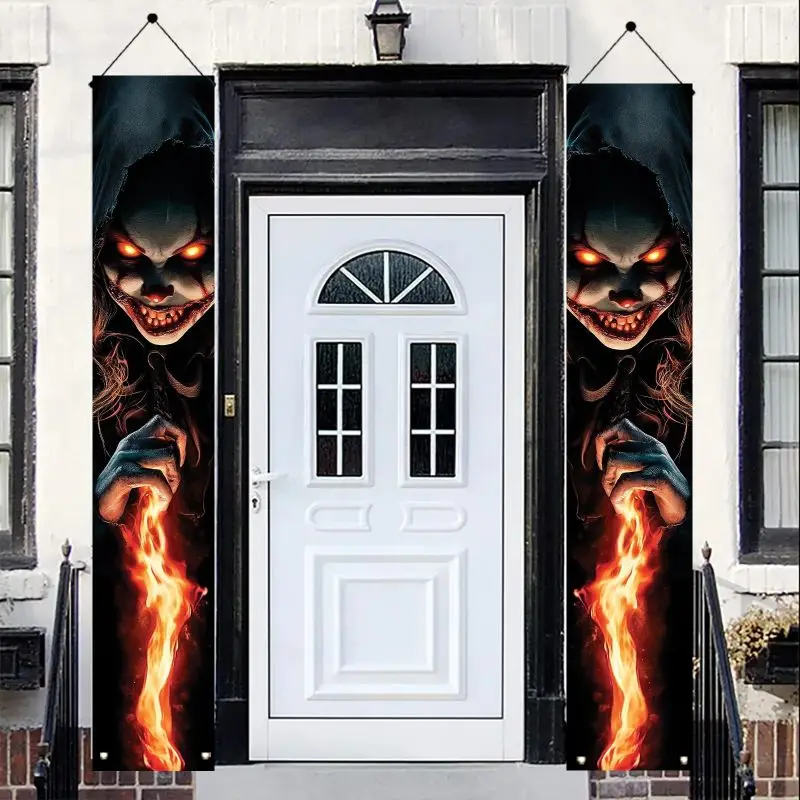 VIKAMA Halloween Porch Banner Terrifying and Evil Clown Door Hanging Front Yard Entrance Door Halloween Party Decor