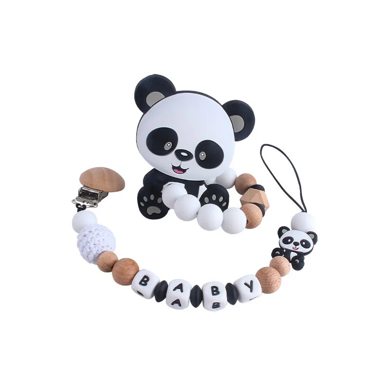 Cute Panda DIY Silicone Baby Pacifier Clip Personalised Name Colorful Pacifier Chain Teething Decorative Beads