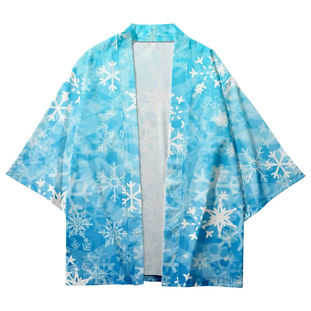 Snowflake Print Light Blue Kimono Streetwear Men Cardigan Japanese Haori Clothes Summer Beach Yukata Cosplay Casual Shirts Tops
