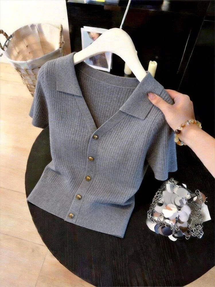 Slim Fit Short Sleeve T-Shirt Korean Style Knitted Shirt Gray Thin Short Casual Top Women's Fashionable Breathable Summer New...