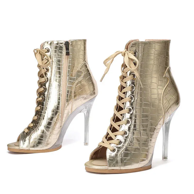 3.7 inches Sexy Women's 9.5cm Platform Ankle Boots Twisted buttocks High Jazz Dance Shoes Rhinestone Stage Performance Mesh Punk