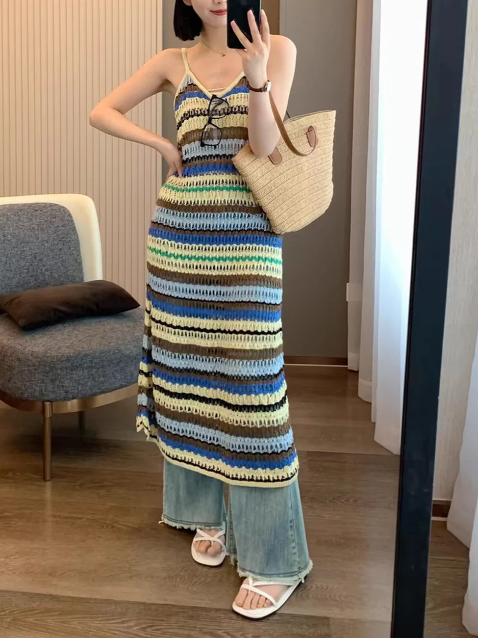 

Knitted Dress for Women 2024 New Spring Summer Hollow Out Colorful U Neck Casual Sleeveless Sling Robes