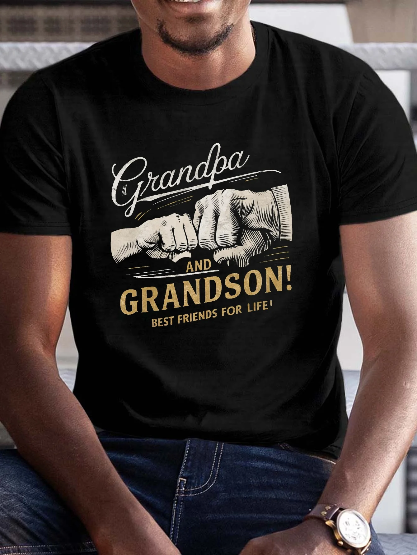Plus Size Men's Summer T-Shirt - Deep Grandfather-Grandson Bond Pattern, Casual Short Sleeve, Breathable, Machine Washable, Large Size
