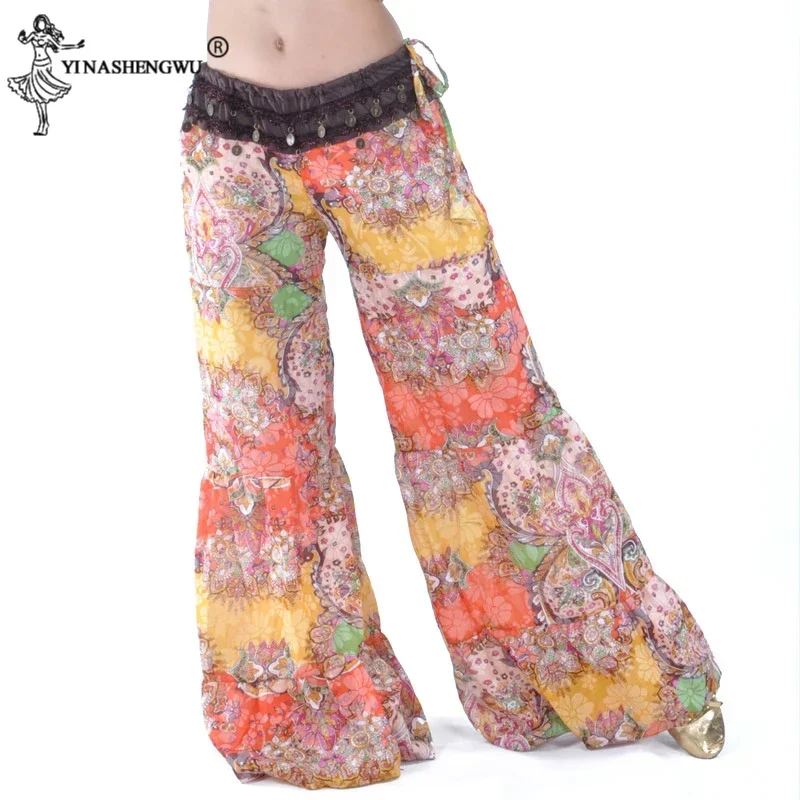 Damskie spodnie do tańca brzucha, szyfonowe, z kwiatowym wzorem, luźny krój, indyjski orientalny kostium taneczny do ćwiczeń, odzież taneczna dla tancerek.