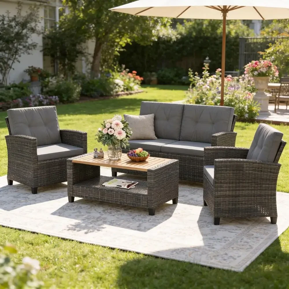 4 Piece Patio urniture Set, Wicker Outdoor Patio Contion urniture Set, All Weather Outdoor Patio Soa with Cushion and Wood Table