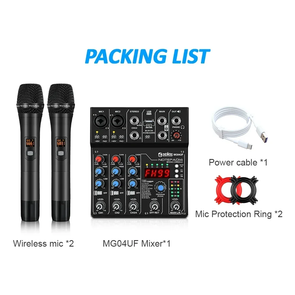 UHF 무선 마이크, 4 채널 오디오 믹서, 듀얼 핸드헬드 99DSP 효과, PC 녹음 DJ 콘솔, USB 블루투스 기능