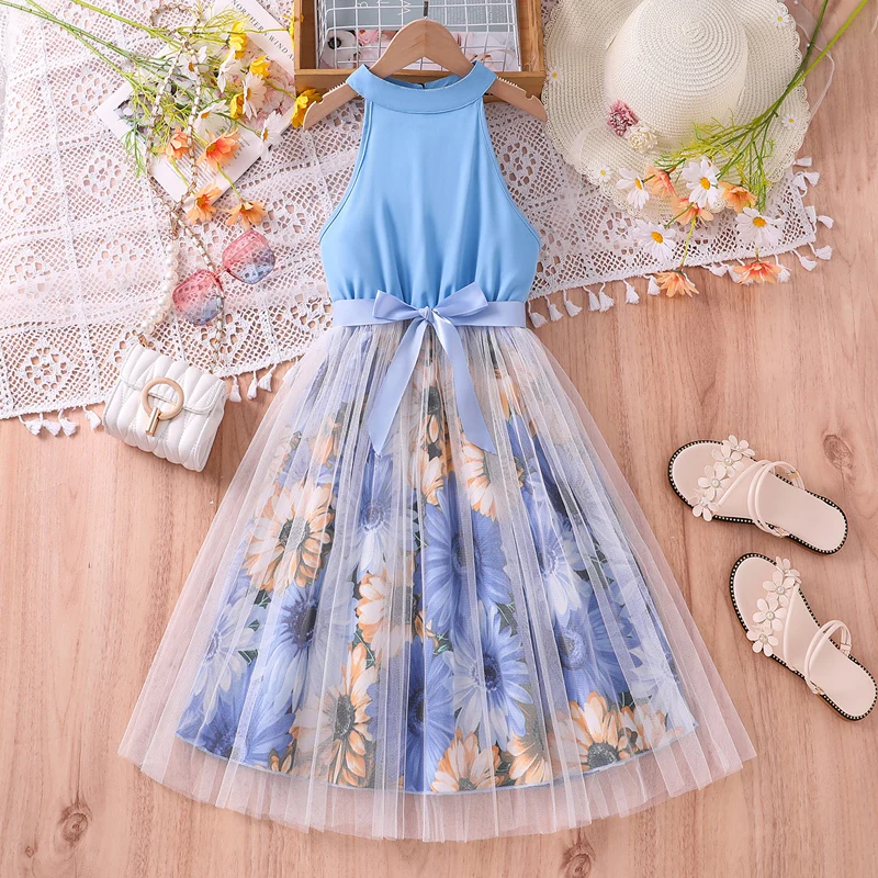 

Kids For Girls Blue Sleeveless Printed Tutu 2024 New Style Birthday Party Princess Dress 8-12 Years Children Clothes