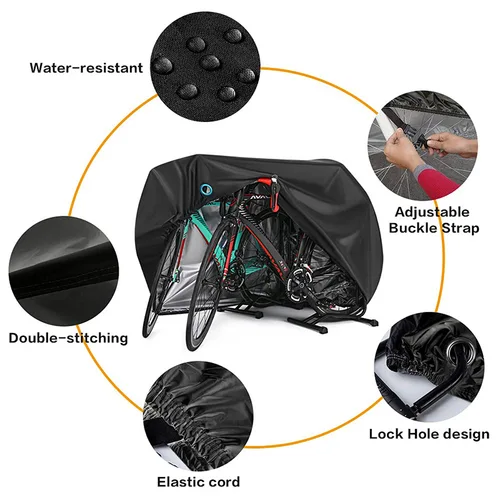 Imagen 2 del producto Cubierta de bicicleta para 2 bicicletas, cubierta impermeable para exteriores, lluvia, sol, UV, polvo, a prueba de viento con orificio para cerradura, almacenamiento portátil solo 310g