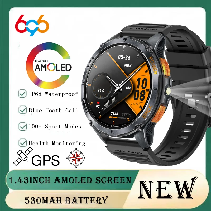 High-level GPS Sports Smart Watch AMOLED Screen Waterproof LED Flashlight Compass Outdoor Men Watches Health Smartwatch 530Mah