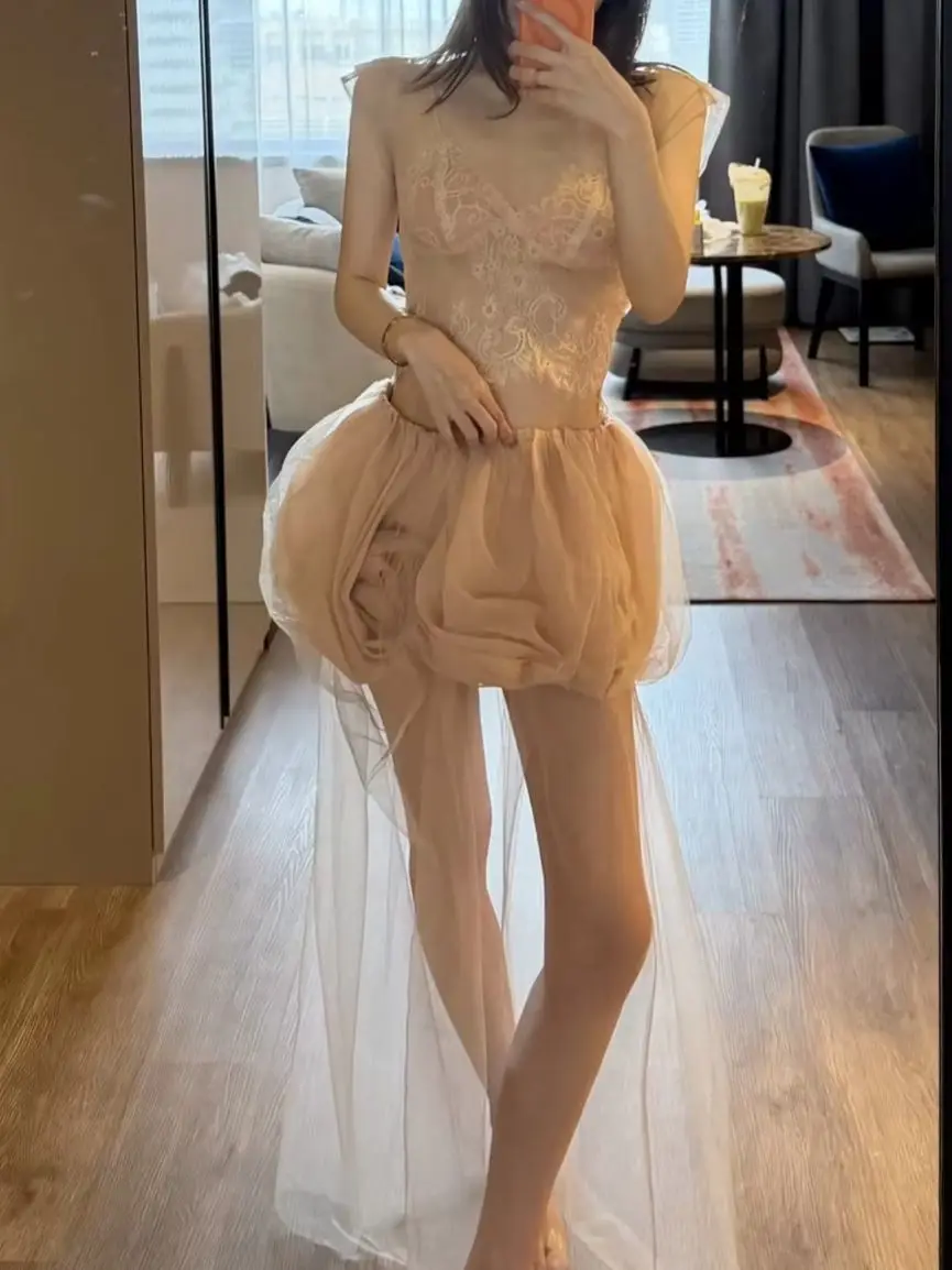 Women Lace Mesh Stitching Set Short Sleeve Stand Neck Top + High Waist Mini Skirt Sexy Suit