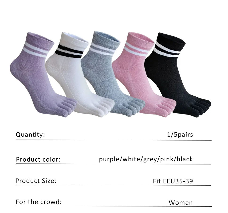 1/5 Paar Fünf-Finger-Socken für Damen und Mädchen, gestreift, Baumwolle, solide, schweißabsorbierend, weich, langlebig, kurze Zehensocken für Studenten, 4 Jahreszeiten – Detail 1