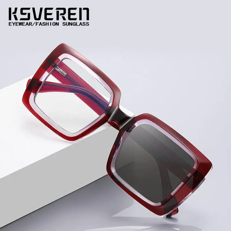 KSVEREN TR90 نظارات قراءة مربعة كبيرة الحجم نظارات شمسية فوتوكروميك خارجية للنساء نظارات طبية بصرية طويلة النظر