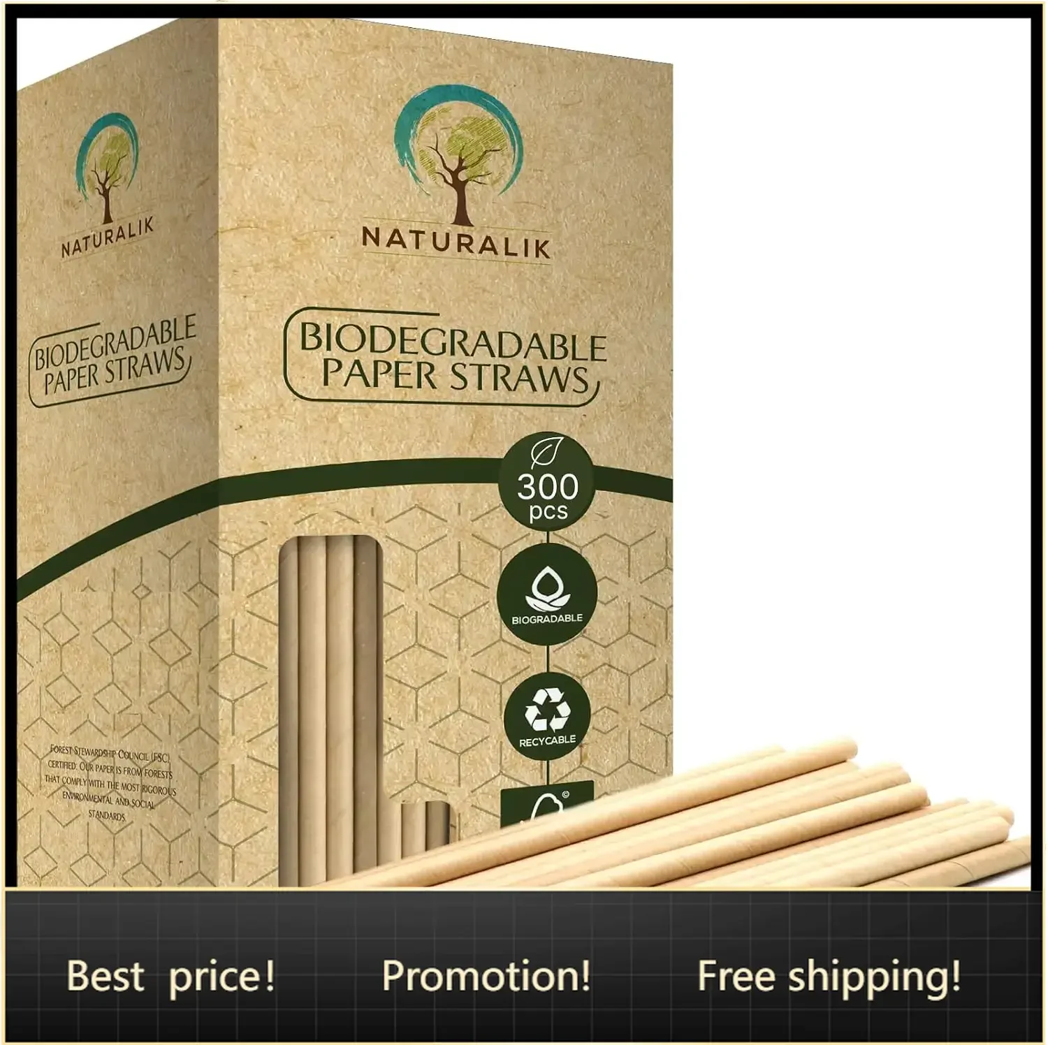300/1000-Pack Extra Durable Brown Paper Straws Biodegradable- Premium Toxin Free Paper Straws Bulk- Drinking Straws