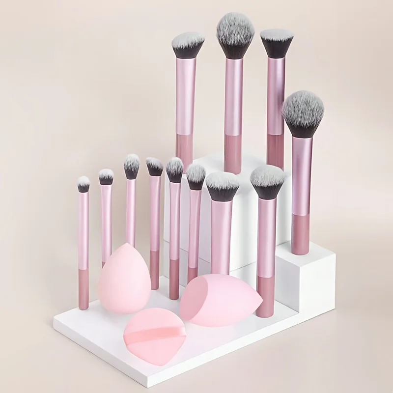 12Pcs Pink Makeup Brushes Set with 2 Beauty Sponges & Powder Puff, Soft Synthetic Hair Cosmetic Brush for Foundation Blush Eyesh
