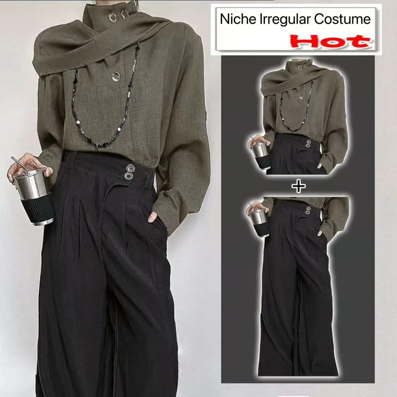 

Niche Stylish Irregular Standing Collar Shirt Four Seasons New Chinese Ribbon Scarf Shirt Casual Cool Fashion Street Suit Bisex