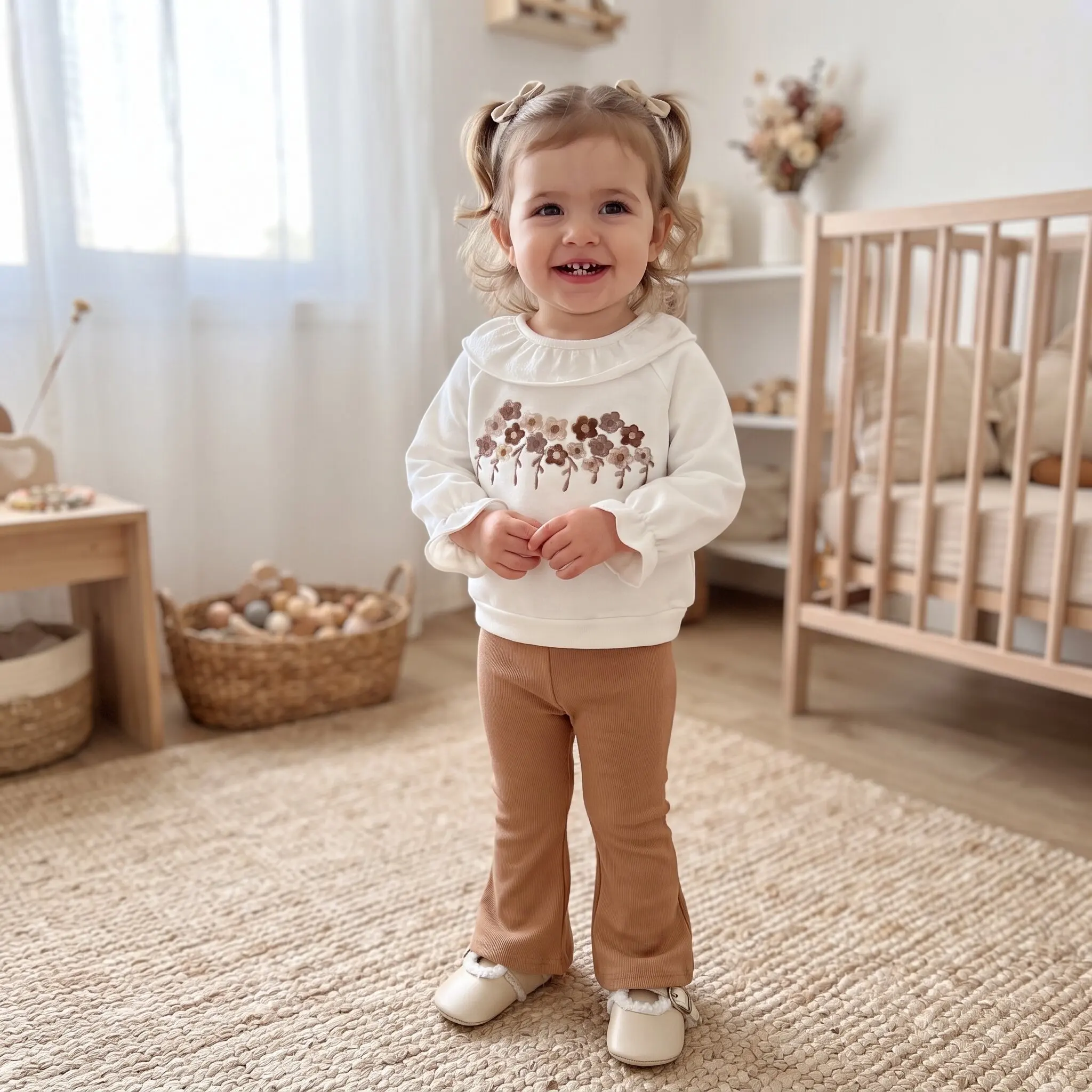 Baby Girl Vintage Floral Embroidery 2Pcs Set Ruffle Collar White Top Coffee Ribbed Flare Pants Toddler Girls Spring Outfit