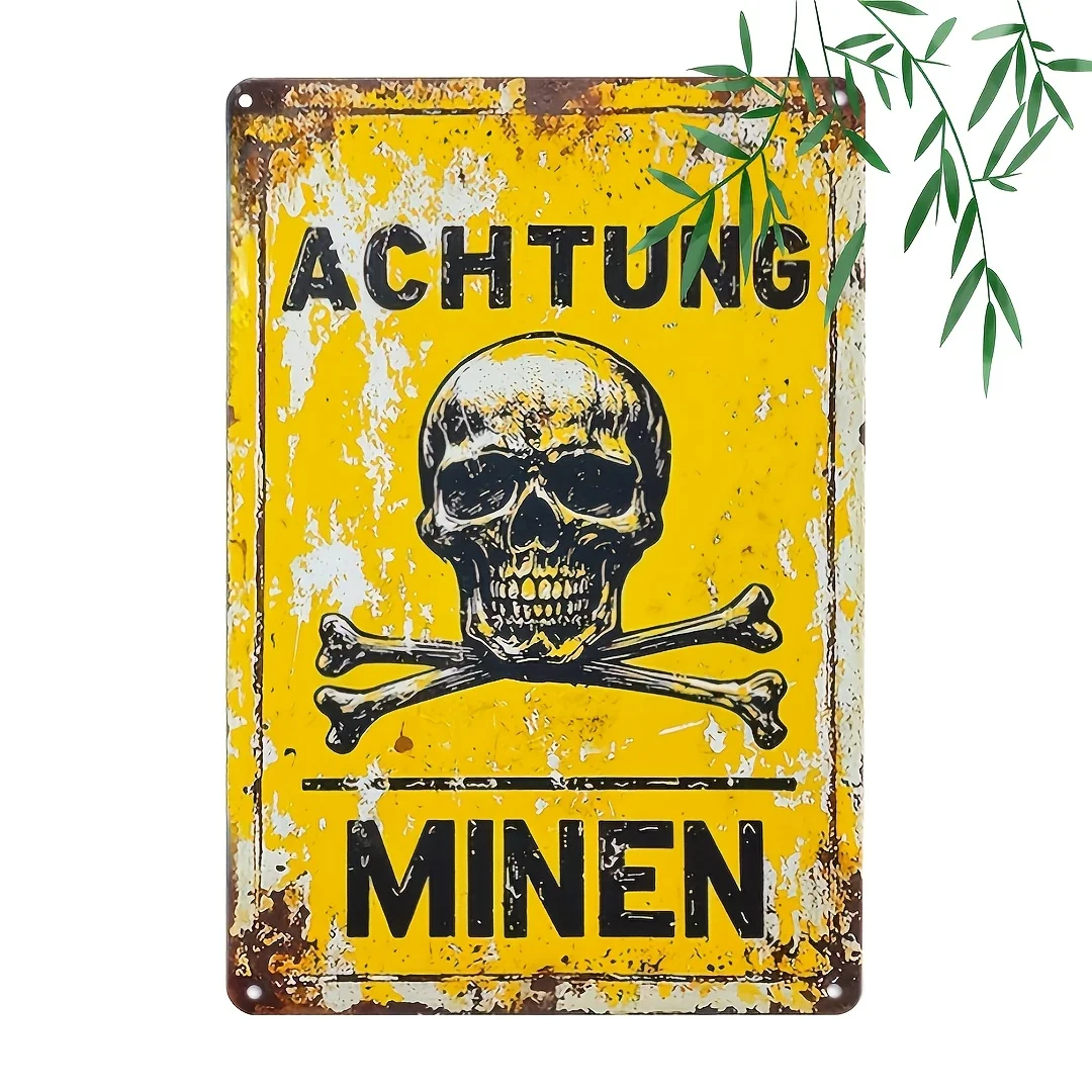 Letrero metálico vintage 'Achtung Minen' () - Arte de pared con advertencia de zona alemana, diseño rústico de calavera y huesos entrelazados, para el hogar, bar, cafetería, garaje