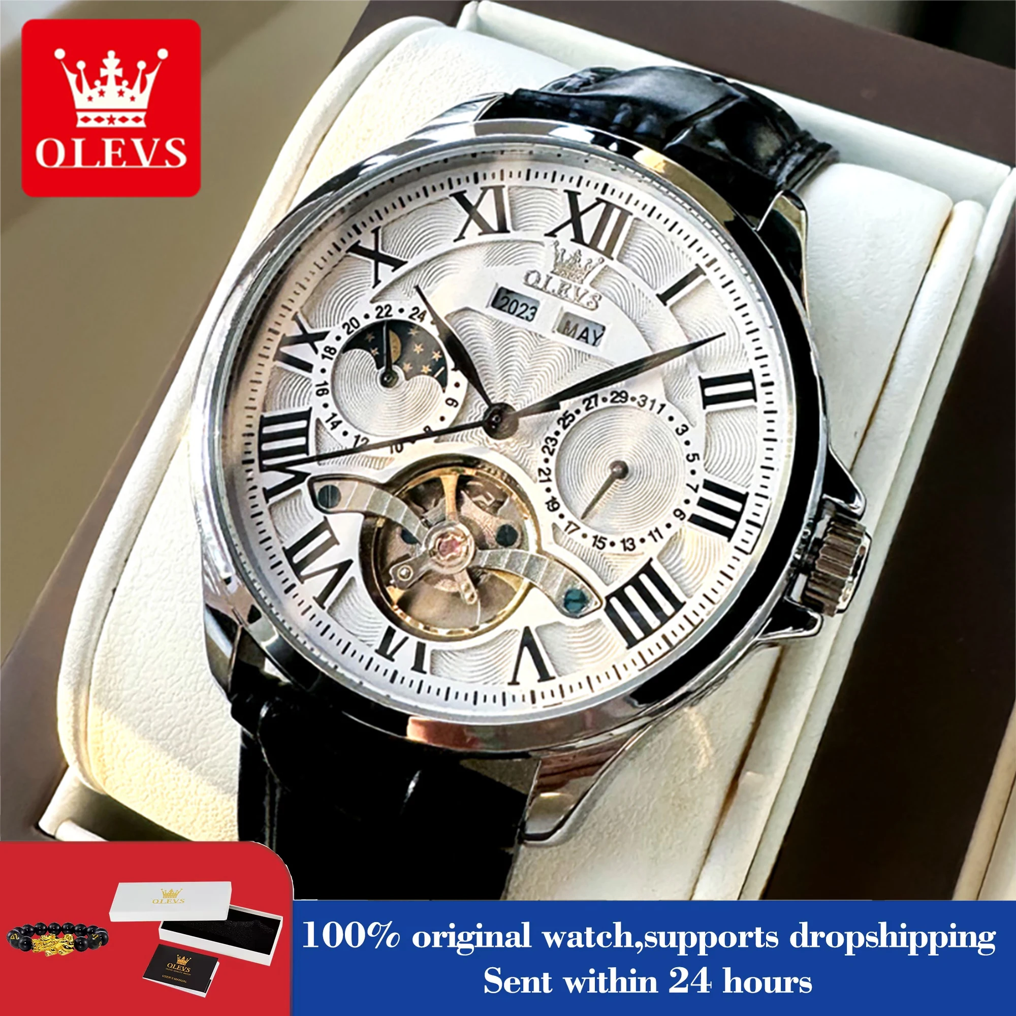 OLEVS 7013 Men's Watch Fashion Moon Phase Mechanical Watch For Men Waterproof Roman Scale Hollow Flywheel Automatic Hand Clock