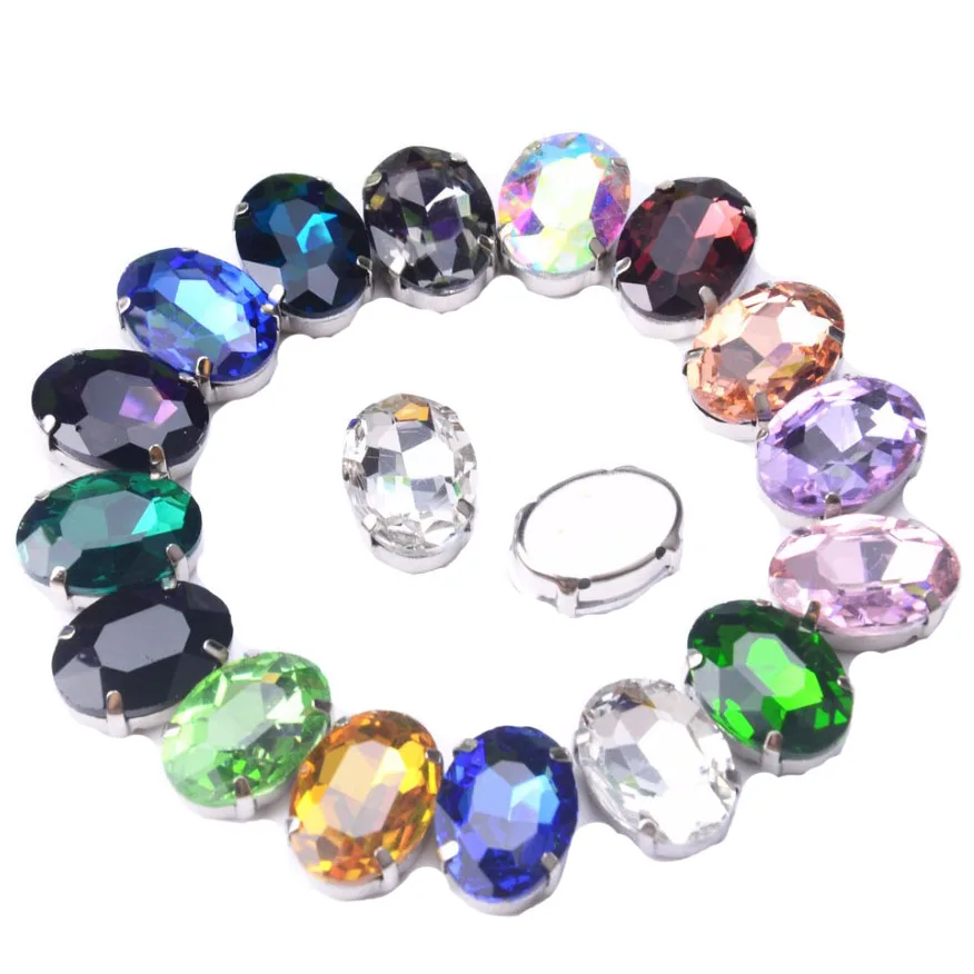 20Pcs 13*18Mm Oval Shape Flat Back Sew On Rhinestones Multi Colors Glass Crystal Gems In Silver Prong Setting Strass Diy Crafts