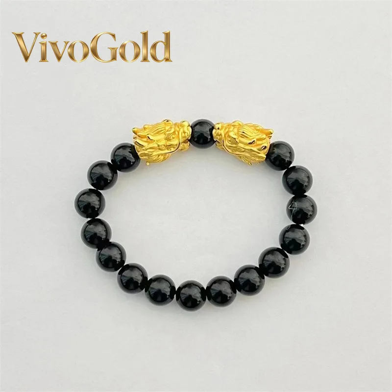

VivoGold 24K Real Gold Jewelry Double Dragon Obsidian Bracelet Handle Beaded Zodiac Dragon Head AU 9999 Bracelet