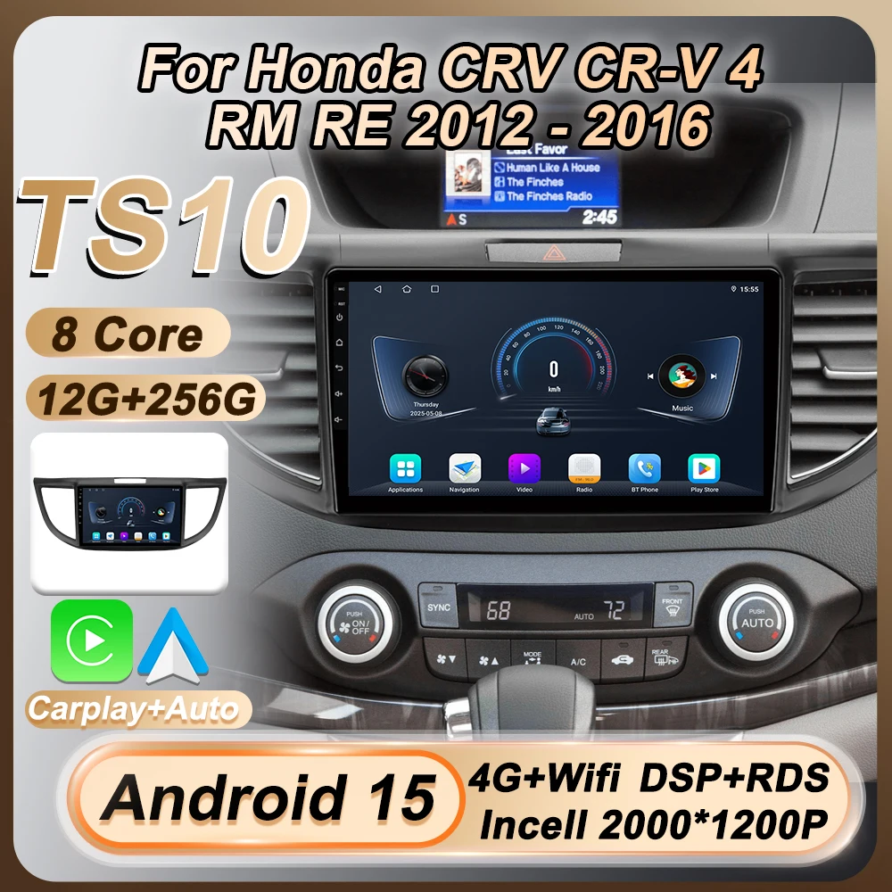 

Автомобильный радиоприемник, мультимедийный видеоплеер, 2 Din, Android 15 для Honda CRV CR-V 4 RM RE 2012 2013 2014 2015 2016, стерео головное устройство Carplay