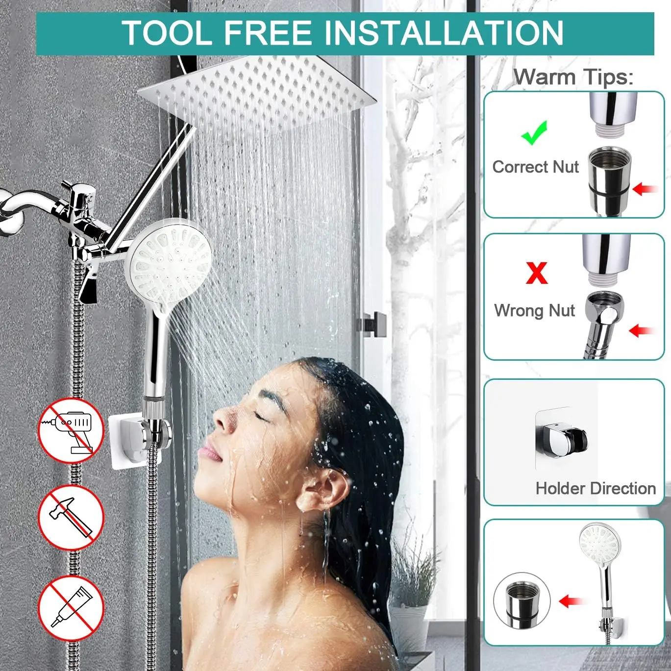12 Inch High Pressure Rainfall Shower Head with Handheld Combo, 9 Settings Adjustable Anti-leak Design