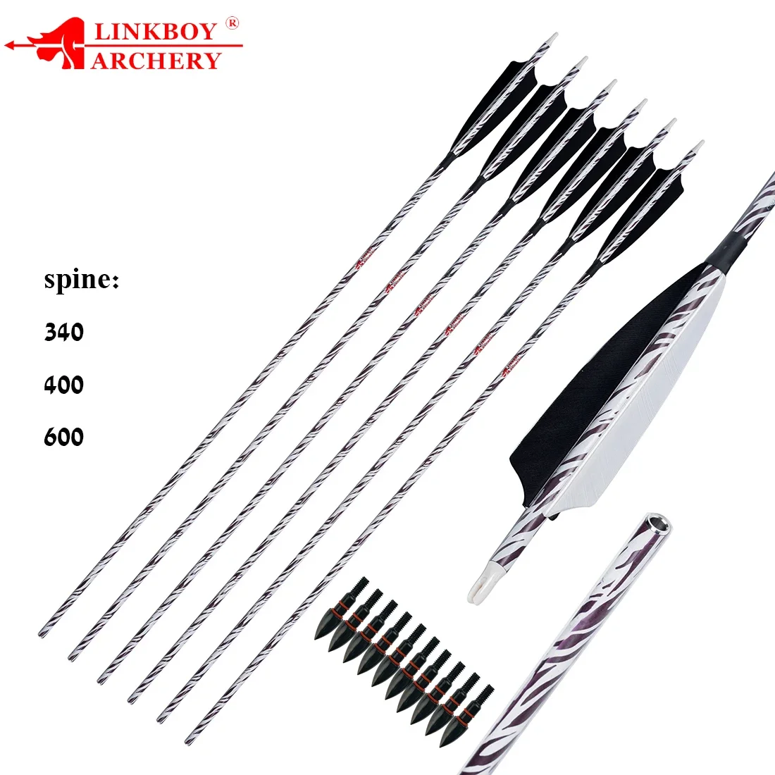 

6 шт., карбоновая стрела для стрельбы из лука, позвоночник, 340 400, 32 дюйма, 5 дюймов, стрела, 5 дюймов, традиционный лук с перьями, охотничьи аксессуары для стрельбы