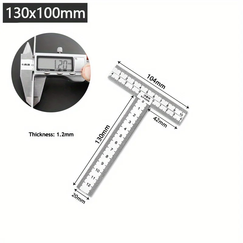 1Pc Integrated Stainless Steel T-shaped Ruler with 90 Degree Right Angle and Thickened Scale T-shaped Engineering Ruler